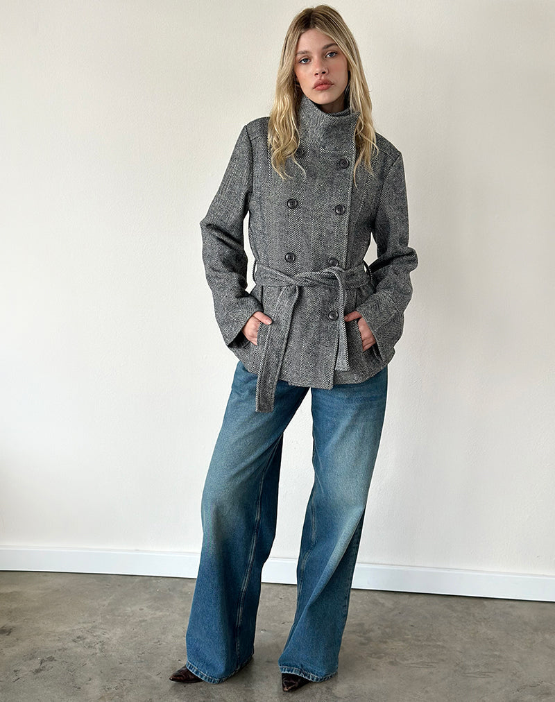 Resari Double Breasted Coat in Tweed Black and White