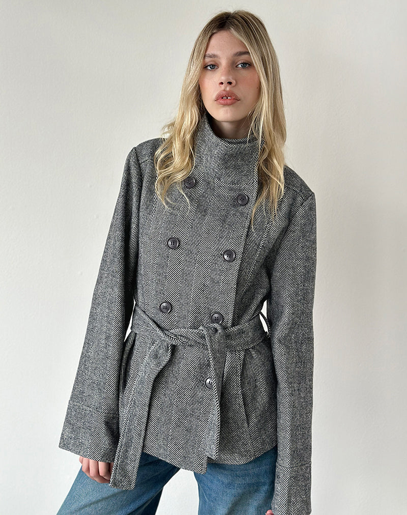 Resari Double Breasted Coat in Tweed Black and White
