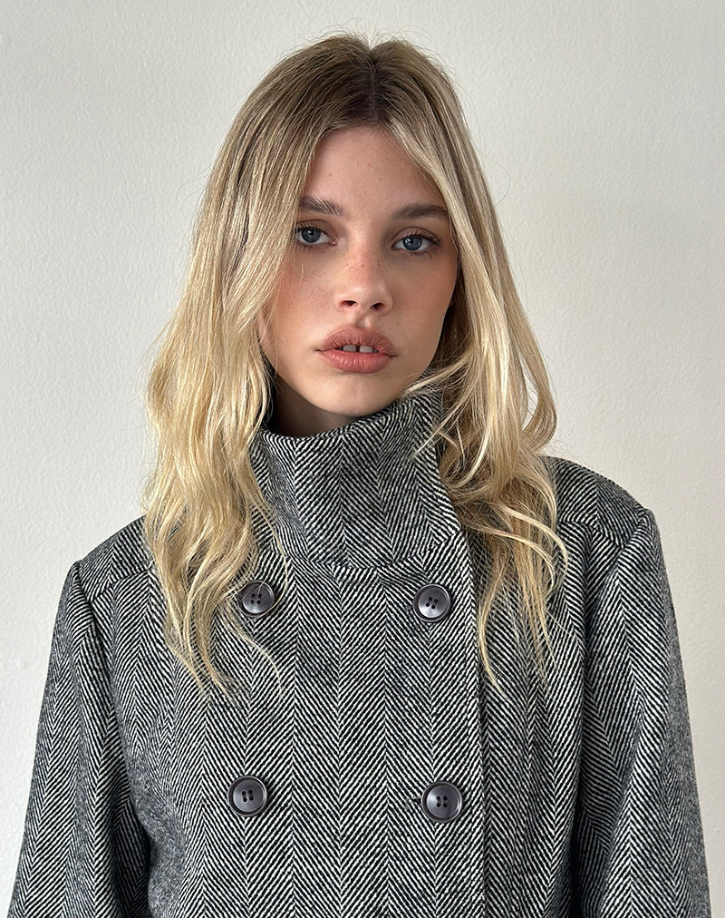 Resari Double Breasted Coat in Tweed Black and White
