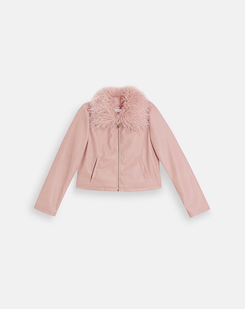Saku Jacket in PU Dusty Pink with Faux Fur Collar