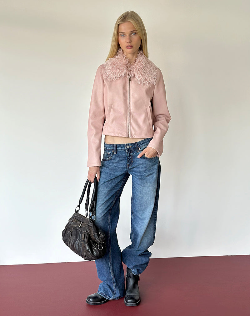 Saku Jacket in PU Dusty Pink with Faux Fur Collar