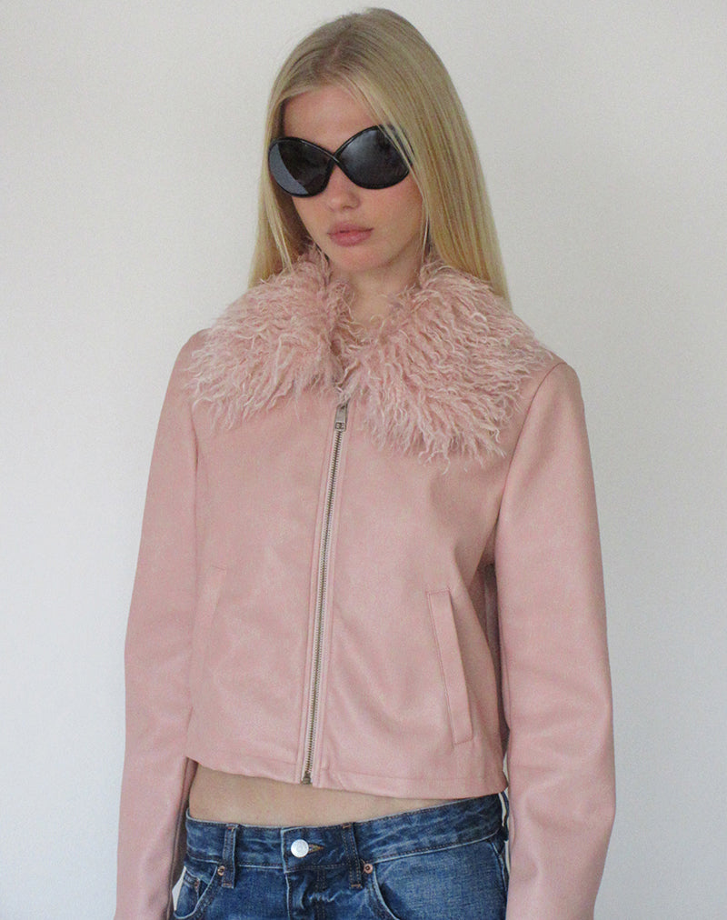 Saku Jacket in PU Dusty Pink with Faux Fur Collar