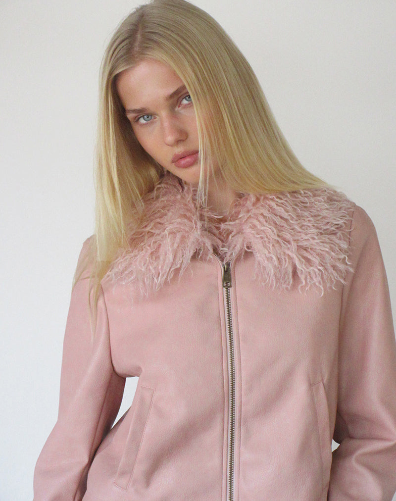 Saku Jacket in PU Dusty Pink with Faux Fur Collar